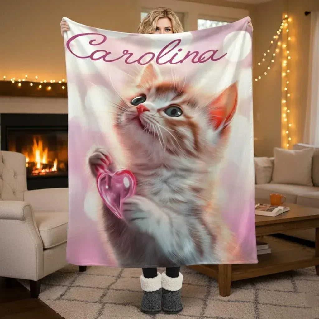 Personalized Kitten Blanket: Whimsical Heart Flannel Fleece Throw, Pink Kitty Cat Lover Gift