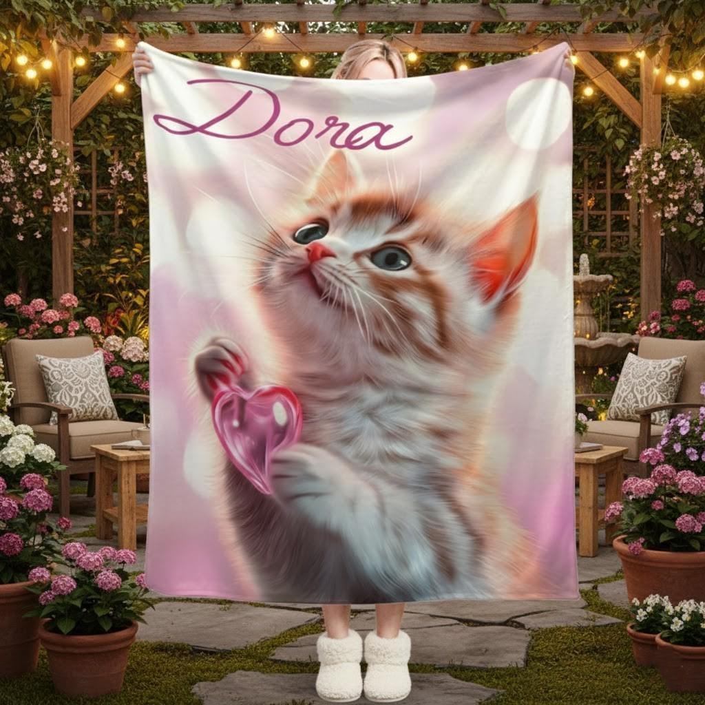 Personalized Kitten Blanket: Whimsical Heart Flannel Fleece Throw, Pink Kitty Cat Lover Gift