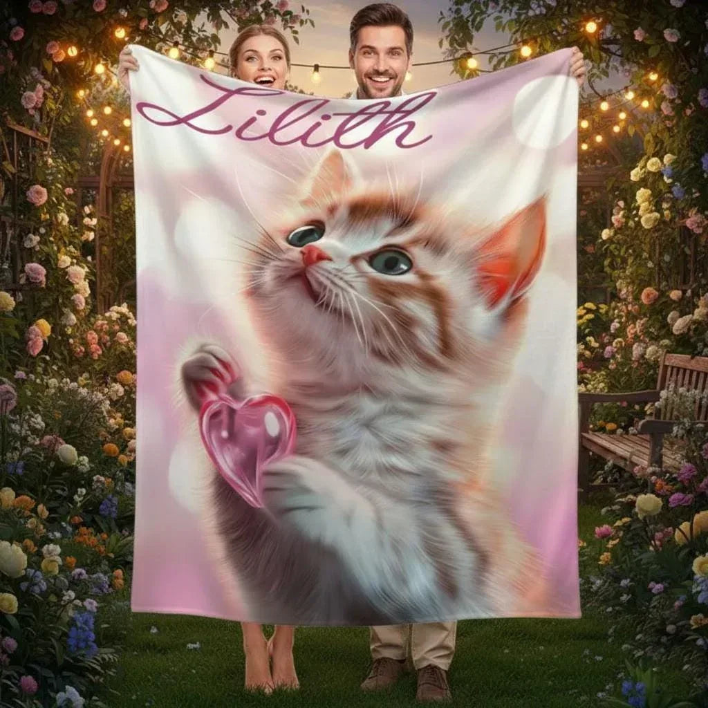 Personalized Kitten Blanket: Whimsical Heart Flannel Fleece Throw, Pink Kitty Cat Lover Gift