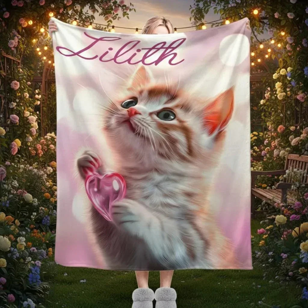 Personalized Kitten Blanket: Whimsical Heart Flannel Fleece Throw, Pink Kitty Cat Lover Gift