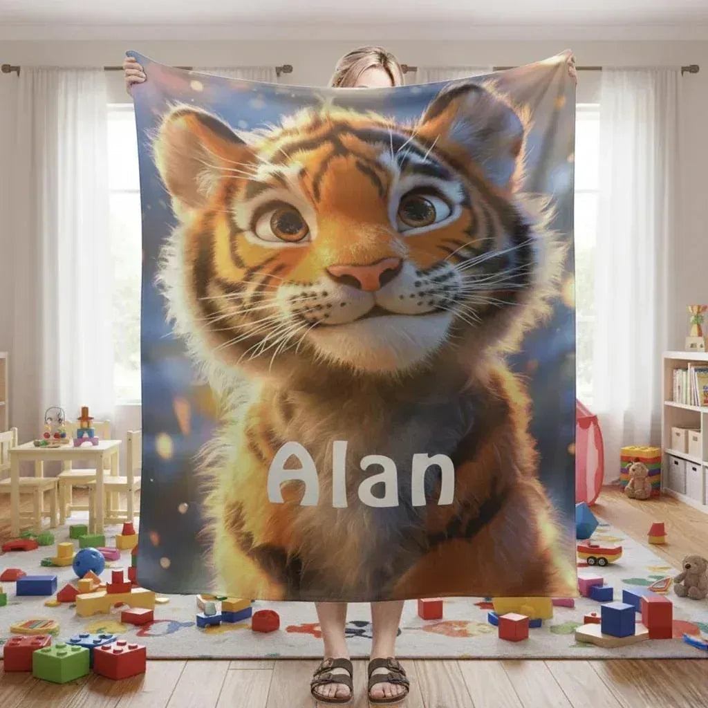Personalized Baby Tiger Blanket - Soft Microfiber Jungle Throw Custom Name Gift