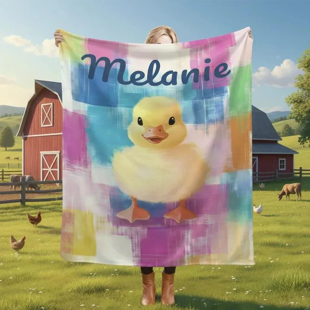 Personalized Baby Duck Blanket: Soft Microfiber, Colorful Duckling Chick Farm, Super Soft Name Gift