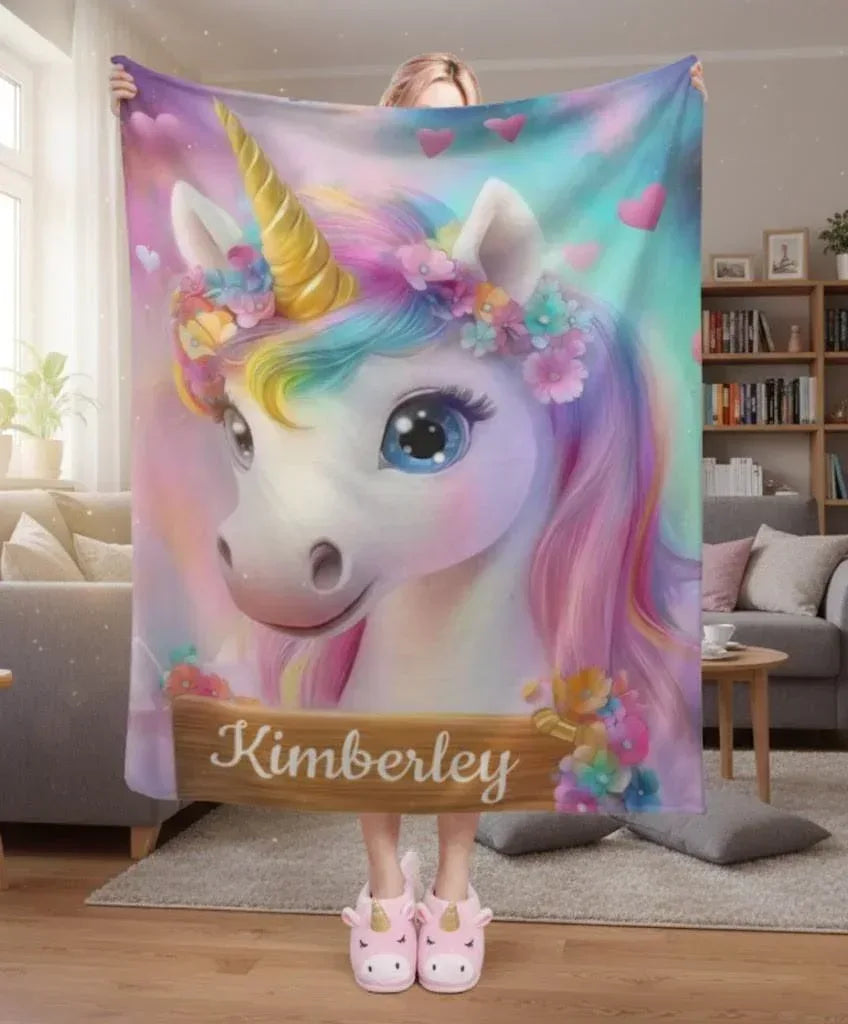 Personalized Unicorn Blanket: Rainbow Pink White Bedroom - Soft Flannel Fleece Throw, Name Gift