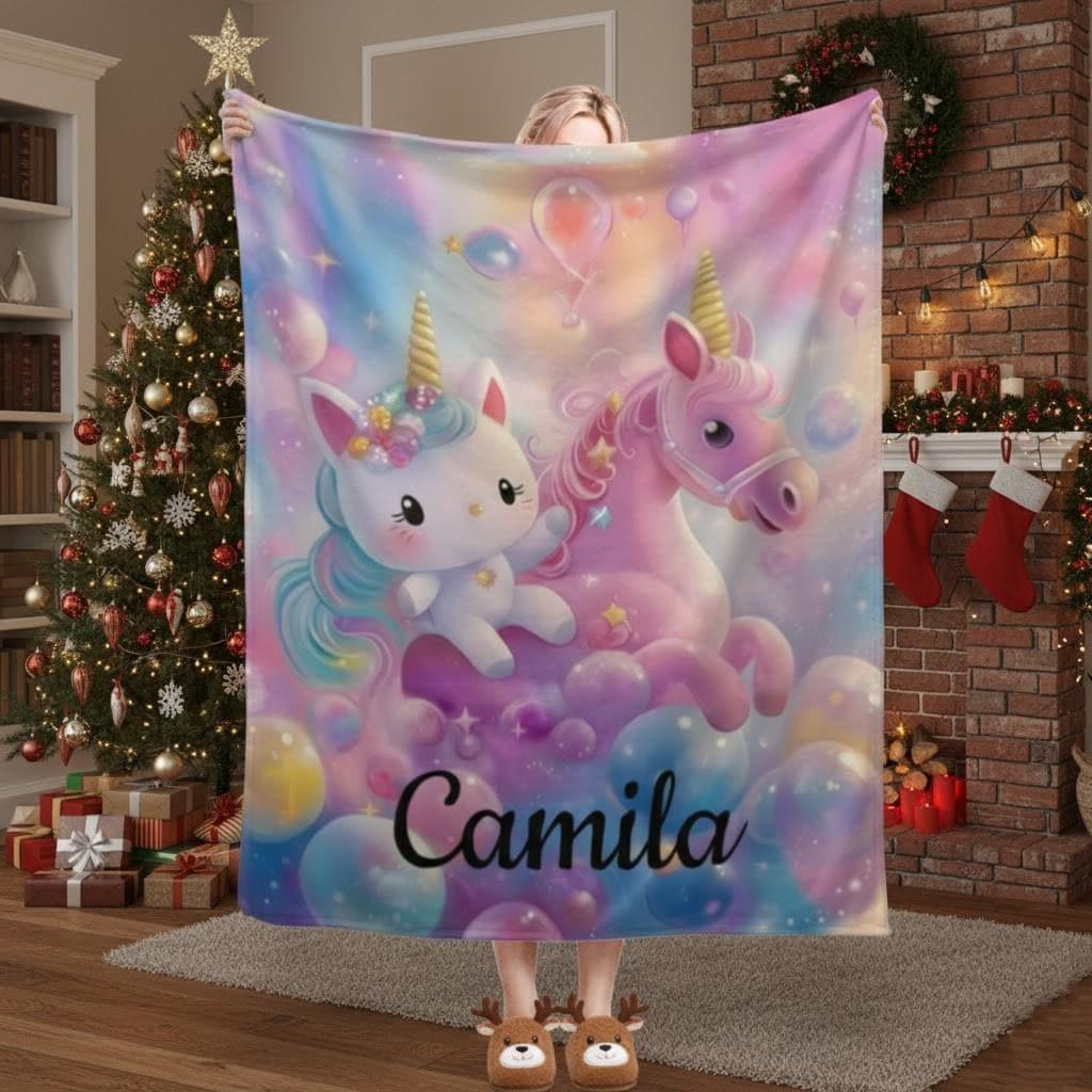 Personalized Kitty& Unicorn Fleece Blanket: Custom Name Throw, Soft Flannel