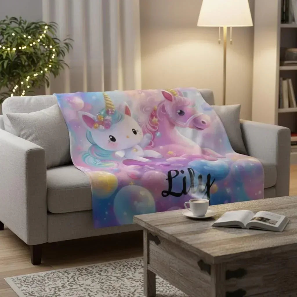 Personalized Kitty& Unicorn Fleece Blanket: Custom Name Throw, Soft Flannel