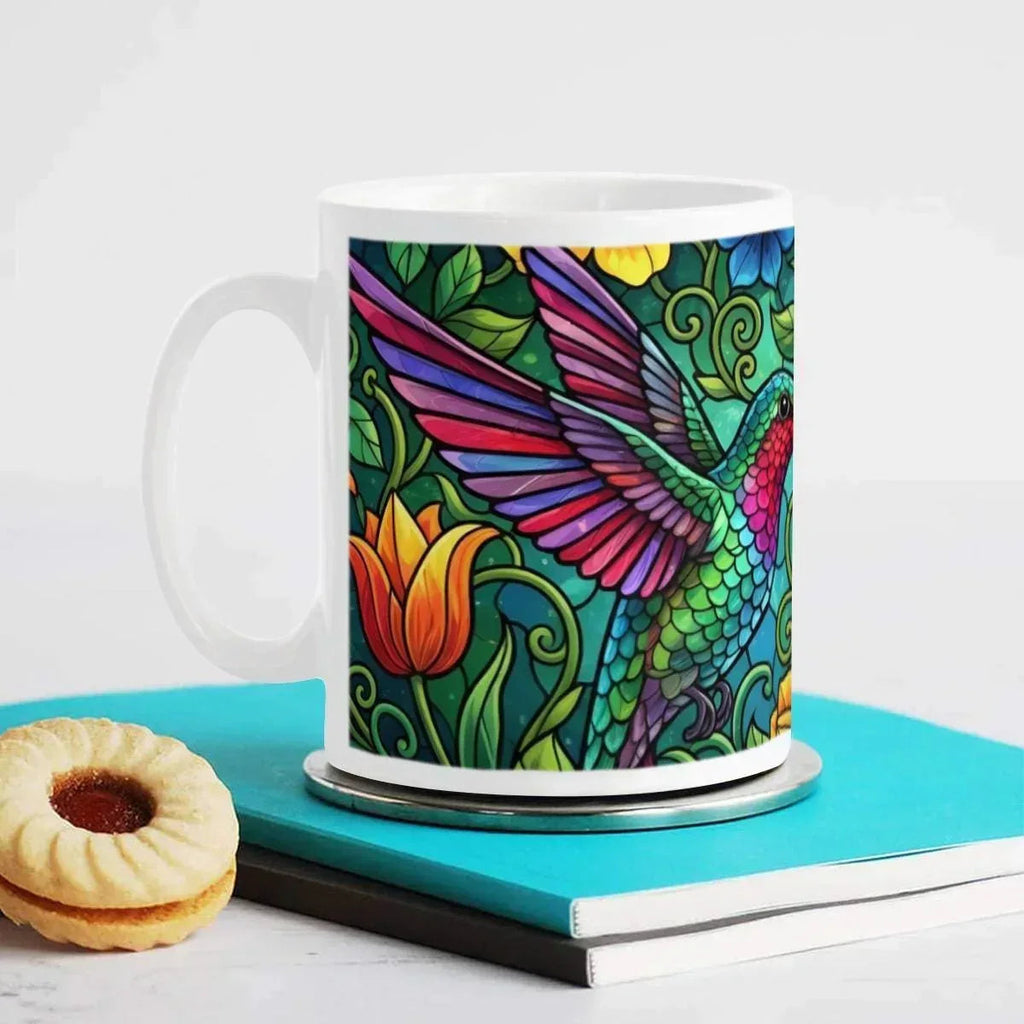 Hummingbird Colorful Mug: Stained Glass Design, Hot Chocolate, Coffee Mug, Tea Cup