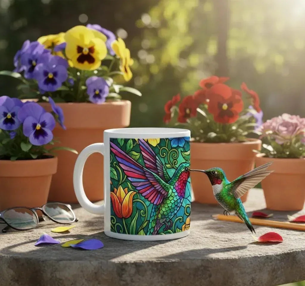 Hummingbird Colorful Mug: Stained Glass Design, Hot Chocolate, Coffee Mug, Tea Cup
