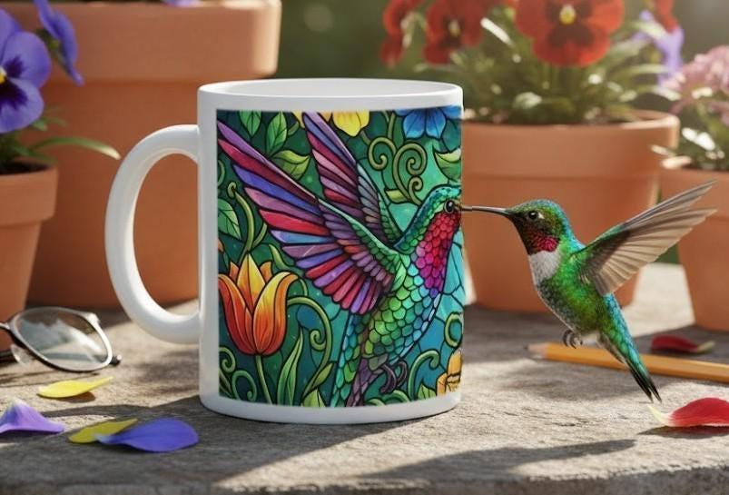Hummingbird Colorful Mug: Stained Glass Design, Hot Chocolate, Coffee Mug, Tea Cup
