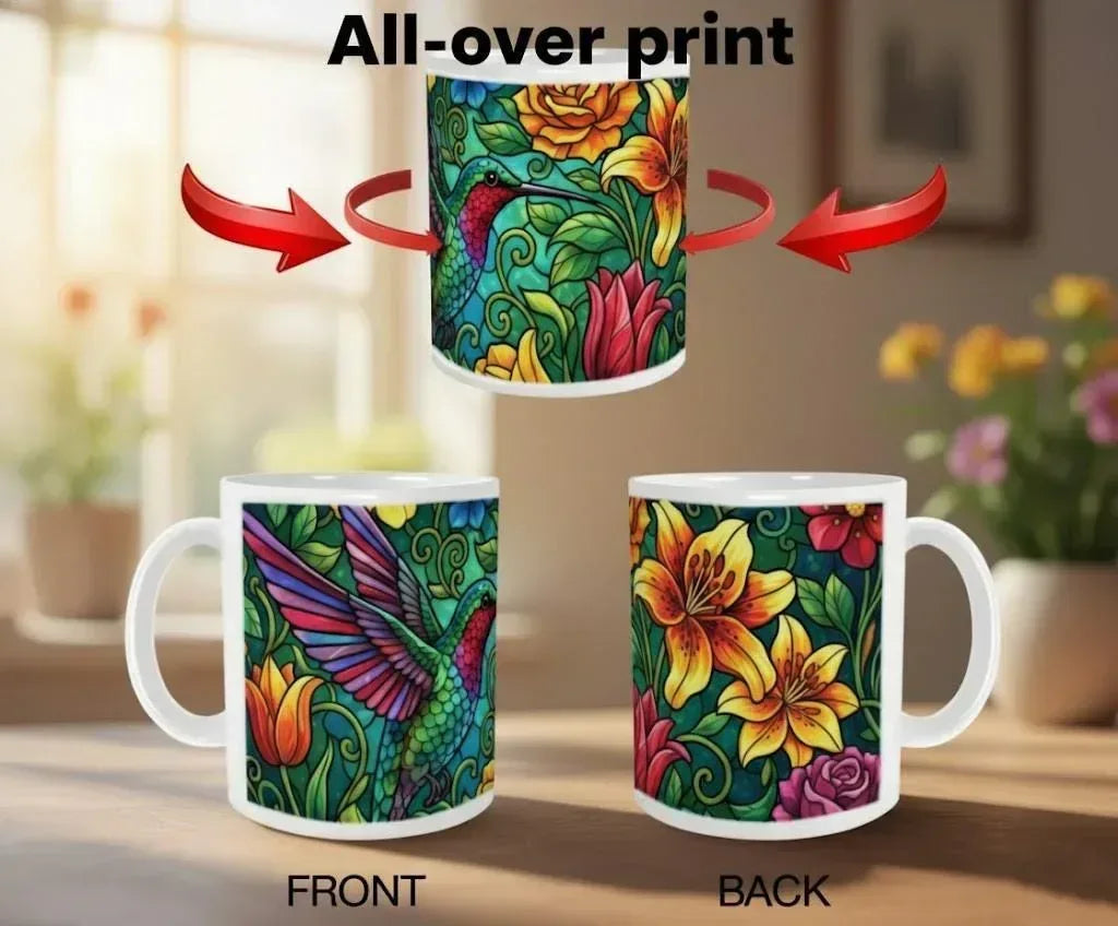 Hummingbird Colorful Mug: Stained Glass Design, Hot Chocolate, Coffee Mug, Tea Cup