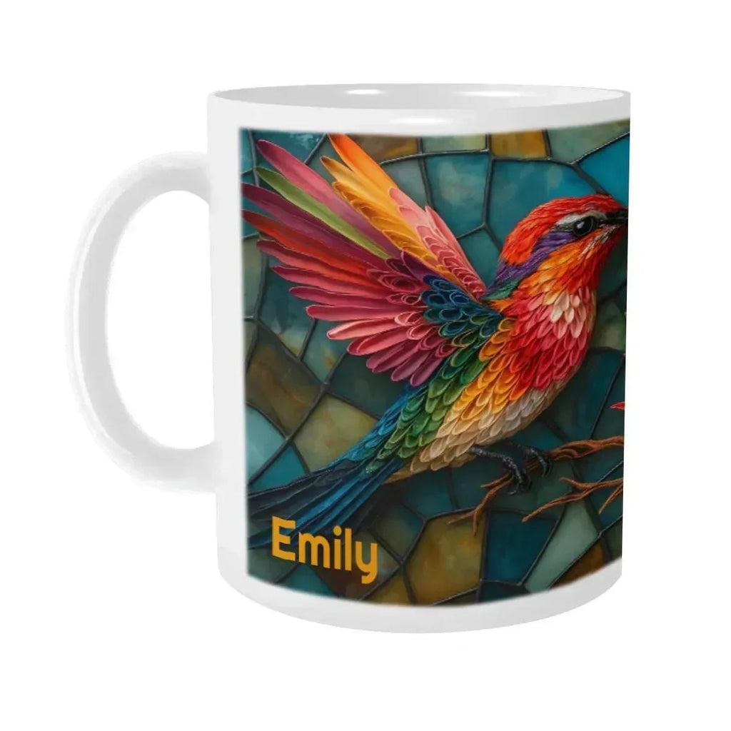 Personalized Stained Glass Hummingbird Coffee Mug: Bohemian Ceramic Tea Cup - Gift with Name