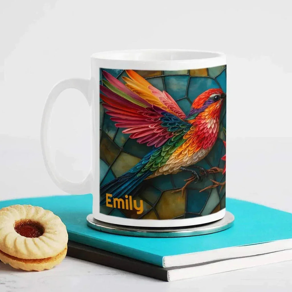 Personalized Stained Glass Hummingbird Coffee Mug: Bohemian Ceramic Tea Cup - Gift with Name