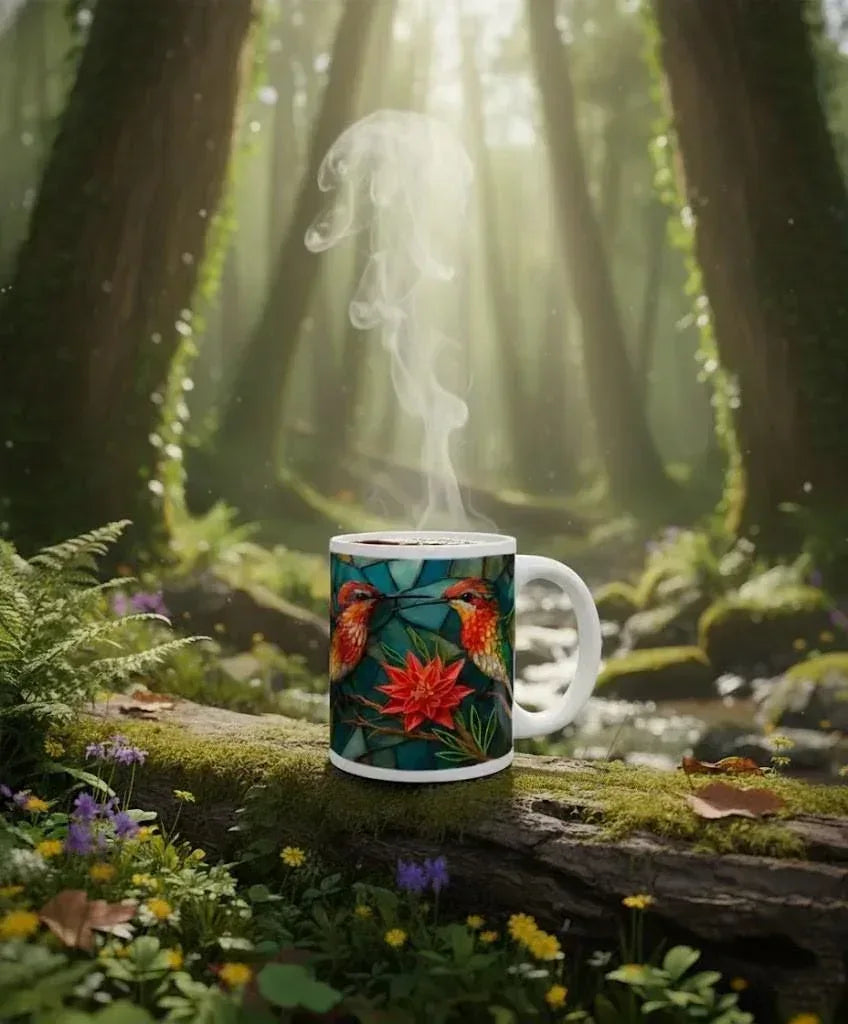 Personalized Stained Glass Hummingbird Coffee Mug: Bohemian Ceramic Tea Cup - Gift with Name