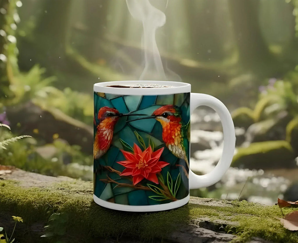 Personalized Stained Glass Hummingbird Coffee Mug: Bohemian Ceramic Tea Cup - Gift with Name
