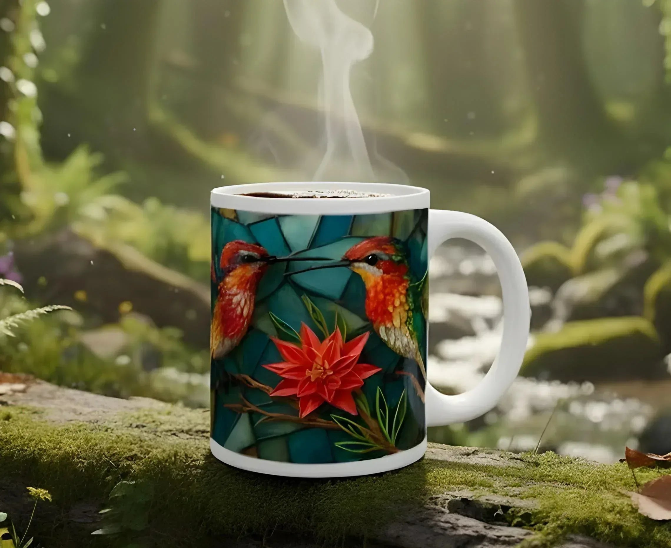 Personalized Stained Glass Hummingbird Coffee Mug: Bohemian Ceramic Tea Cup - Gift with Name