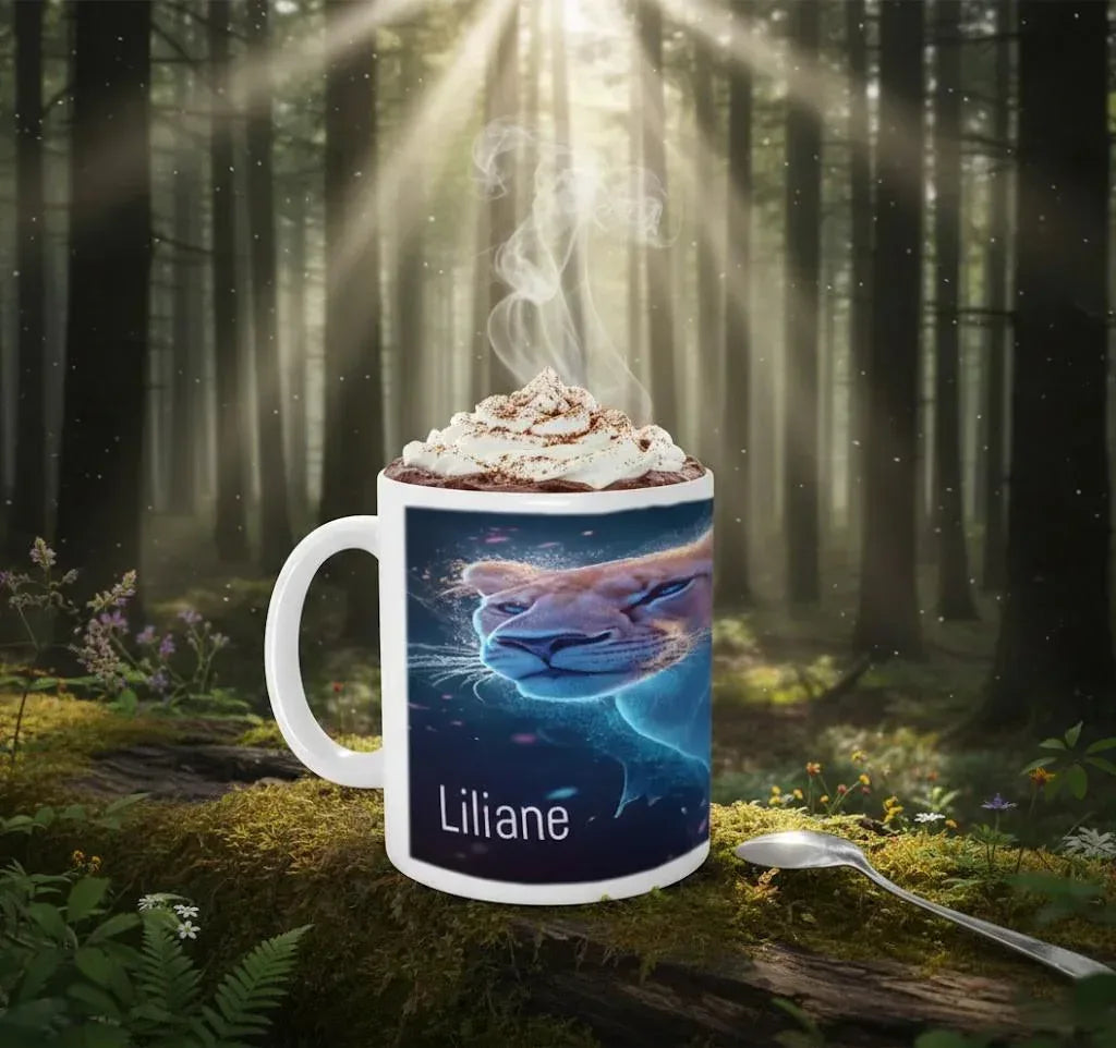 Personalized Custom Name Coffee Mug | Lion Hot Chocolate Gift | Nebula Predator Cat Tea Cup