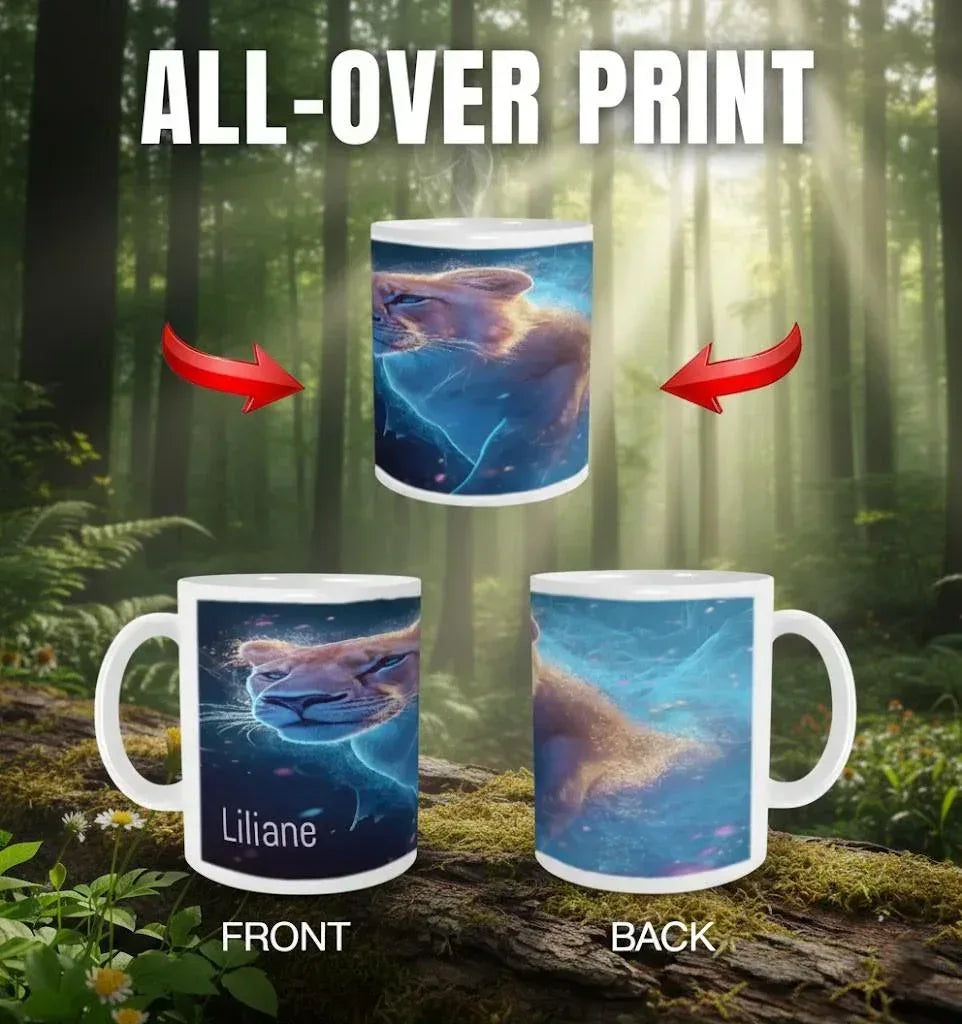 Personalized Custom Name Coffee Mug | Lion Hot Chocolate Gift | Nebula Predator Cat Tea Cup
