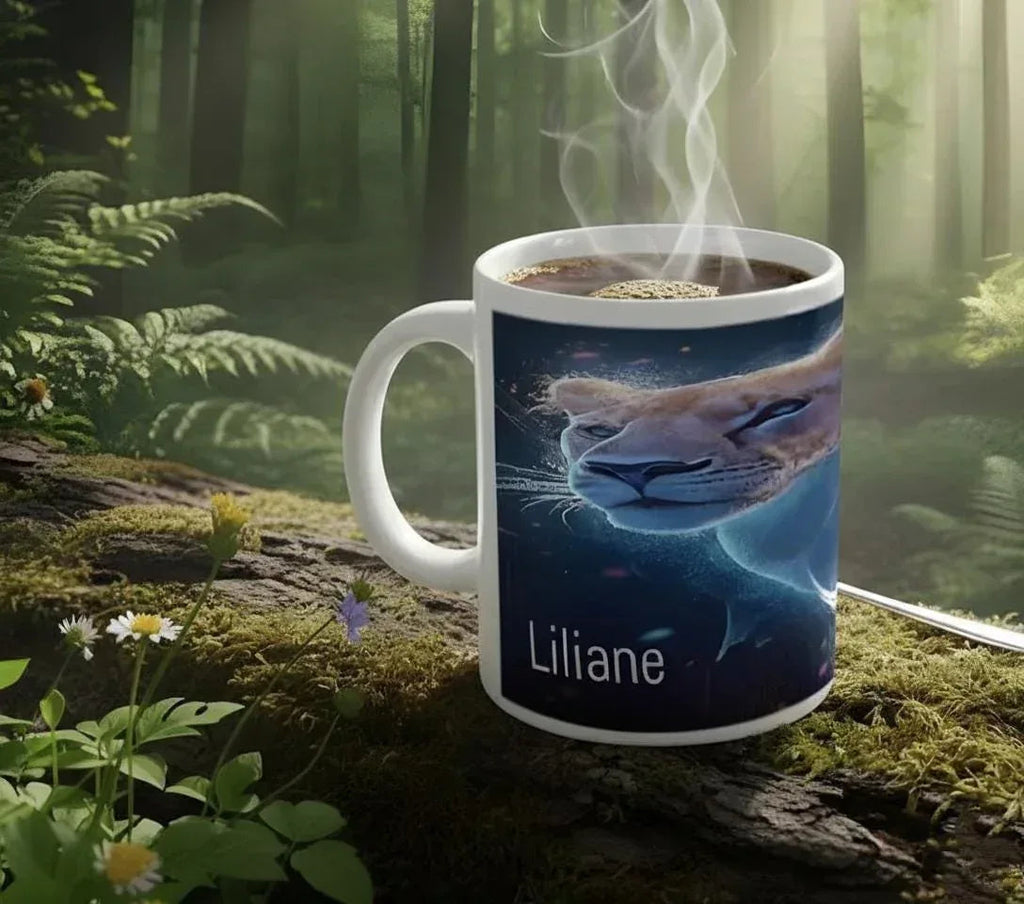 Personalized Custom Name Coffee Mug | Lion Hot Chocolate Gift | Nebula Predator Cat Tea Cup