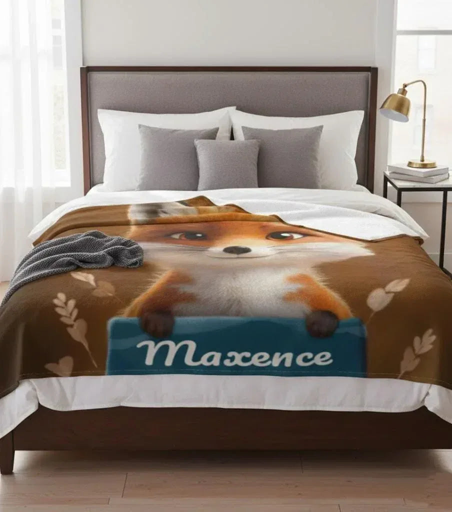 Personalized Fox Blanket: Enchanted Forest Flannel Fleece Throw, Kids Name Gift