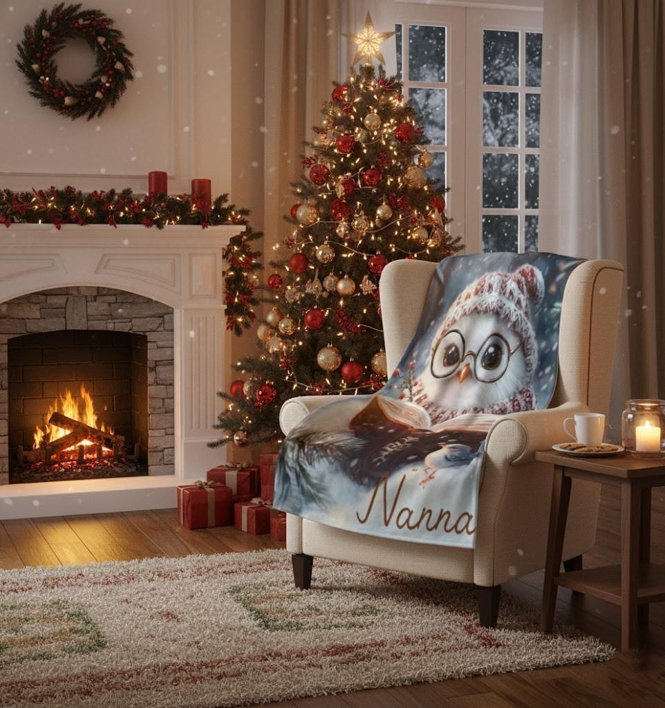 Personalized Winter Owl Flannel Blanket: Snowy Forest Design, Flannel Fleece Throw Name Gift