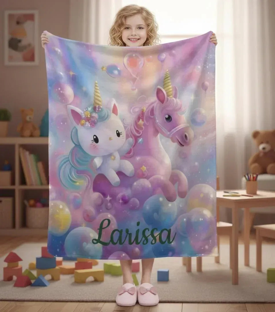 Personalized Kitty& Unicorn Fleece Blanket: Custom Name Throw, Soft Flannel