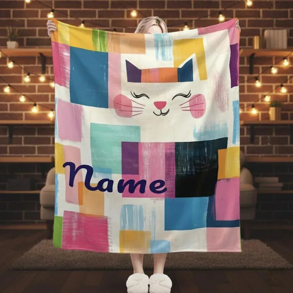 Personalized Cat Blanket: Warm, Playful Kitten Patchwork Fleece Throw, Meow, Super Soft Name Gift