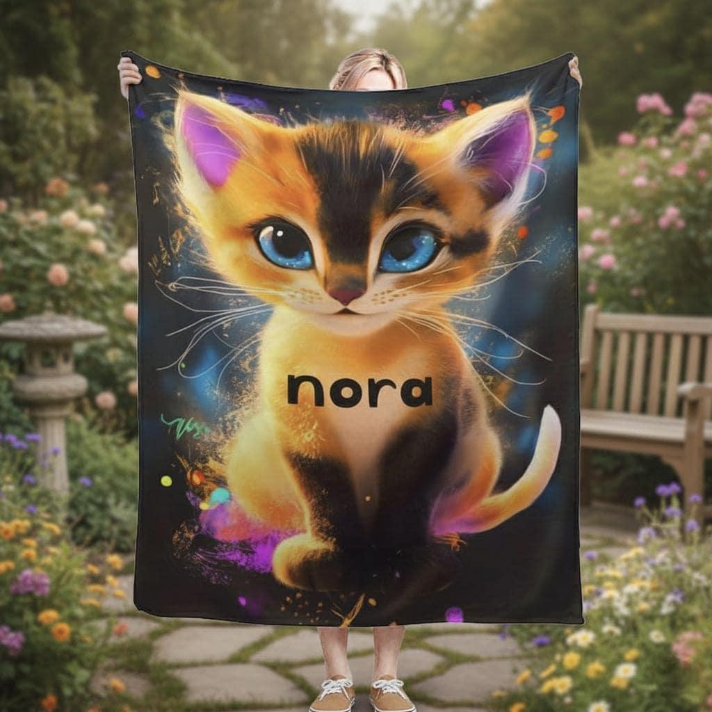 Personalized Starry-Eyed Kitten Blanket: Soft Flannel Fleece Cat Throw, Meow, Name Gift