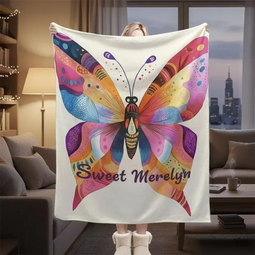 Personalized Butterfly Blanket: Vibrant Flannel Fleece Throw, Colourful Custom Name Gift