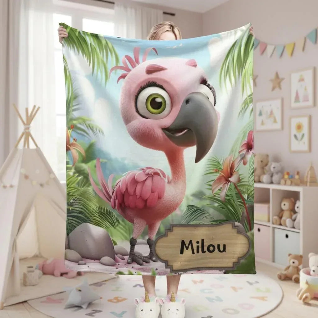 Personalized Flamingo Blanket - Cartoon Bird Super Soft Pink Green Bedroom Throw Custom Name Gift