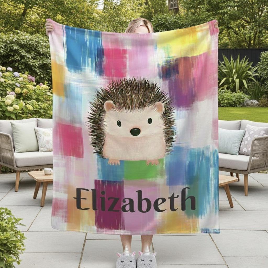 Personalized Hedgehog Blanket: Whimsical Plaid, Cosy Throw, Super Soft Name Gift