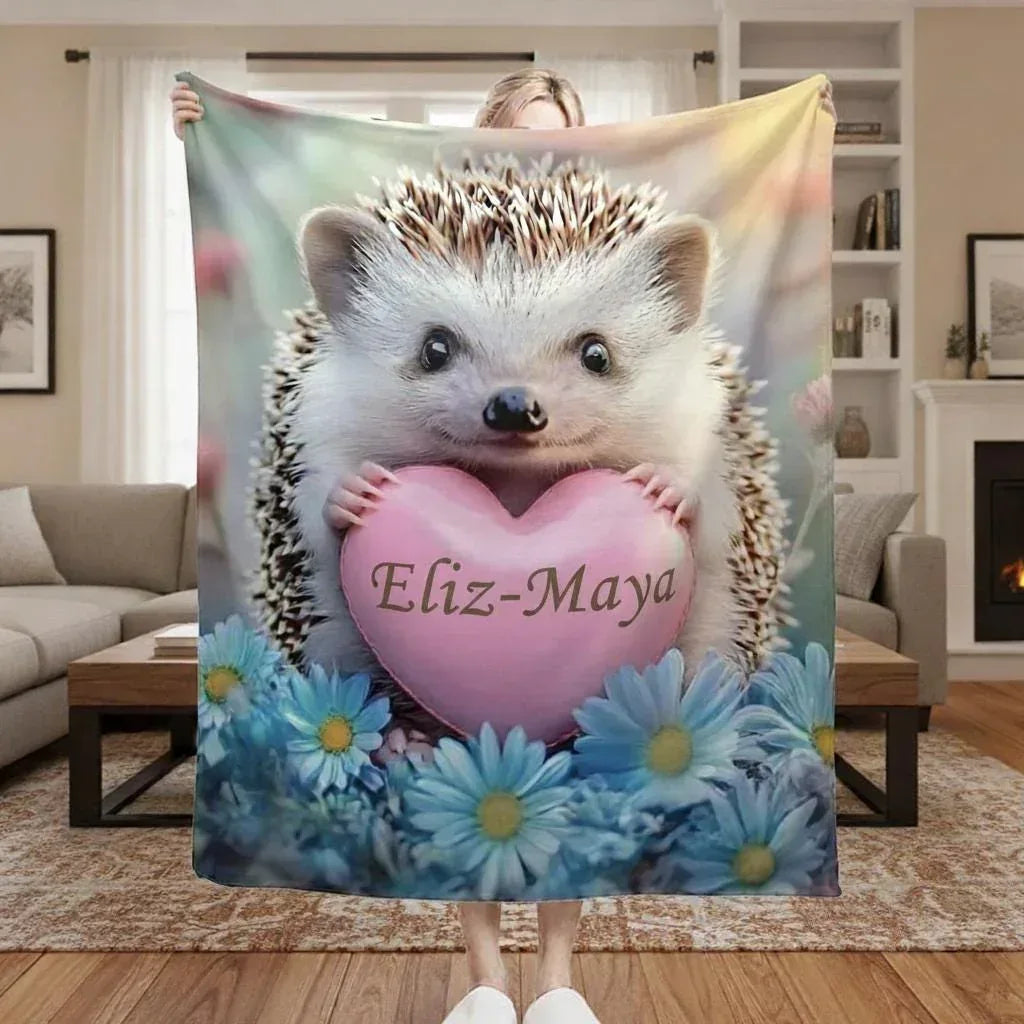 Personalized Hedgehog Love Heart Blanket: Romantic Flannel Fleece Throw, Super Soft Name Gift