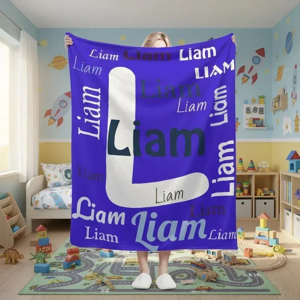 Add your Name & Letter - Personalized Vivid Blue Name Blanket – Custom Flannel Fleece Throw