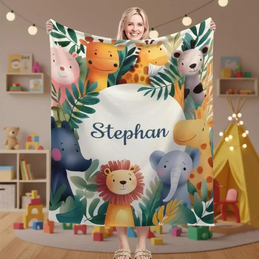 Personalized Safari Animal Blanket: Jungle Lion Elephant Giraffe Flannel Fleece Throw, Soft Name Gift