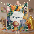 Personalized Safari Animal Blanket: Jungle Lion Elephant Giraffe Flannel Fleece Throw, Soft Name Gift
