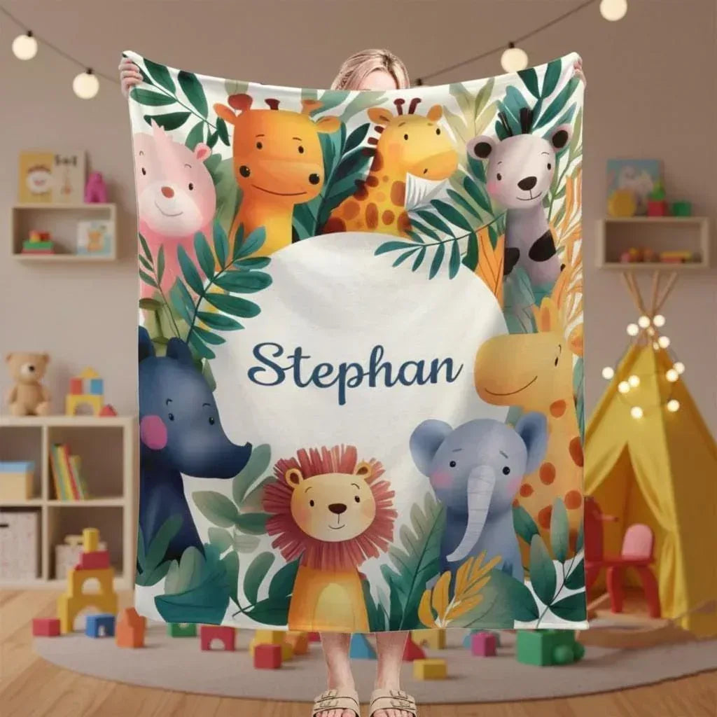 Personalized Safari Animal Blanket: Jungle Lion Elephant Giraffe Flannel Fleece Throw, Soft Name Gift