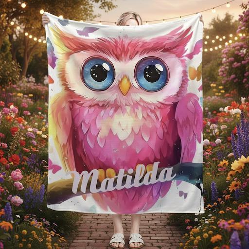 Personalized Pink Owl Bird Blanket: Flannel Fleece Throw, Super Soft Bedding Sofa Name Gift