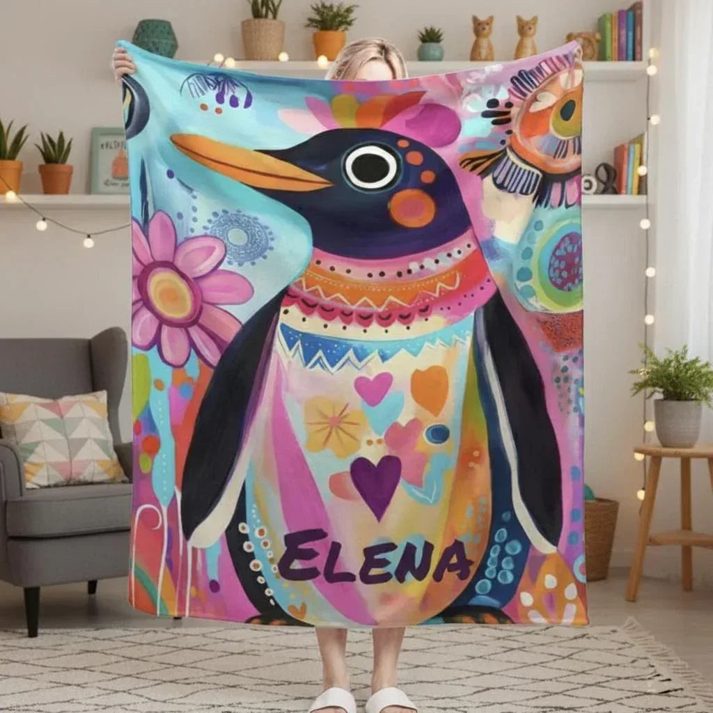 Personalized Penguin Blanket: Colorful Arctic Animal Happy Playful Flannel Fleece Throw, Soft Name Gift