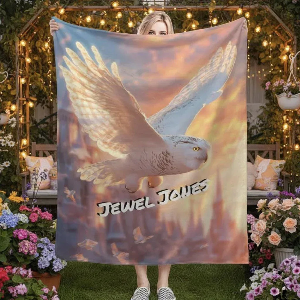 Personalized Wizard Owl Flannel Blanket: Enchanted Castle Fleece Throw, Soft Custom Name Gift Bird