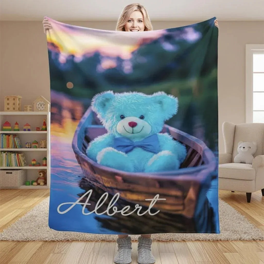 Personalized Twilight Teddy Bear Blanket: Dreamy Canoe Boat Adventure Throw, Soft Flannel Fleece