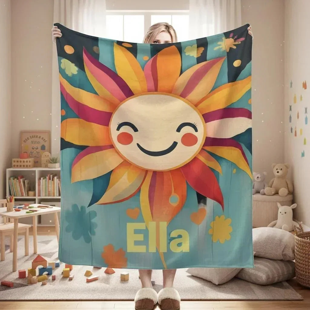 Personalized Sunny Sunshine Sunflower Blanket: Custom Name Gift, Flannel Fleece Throw