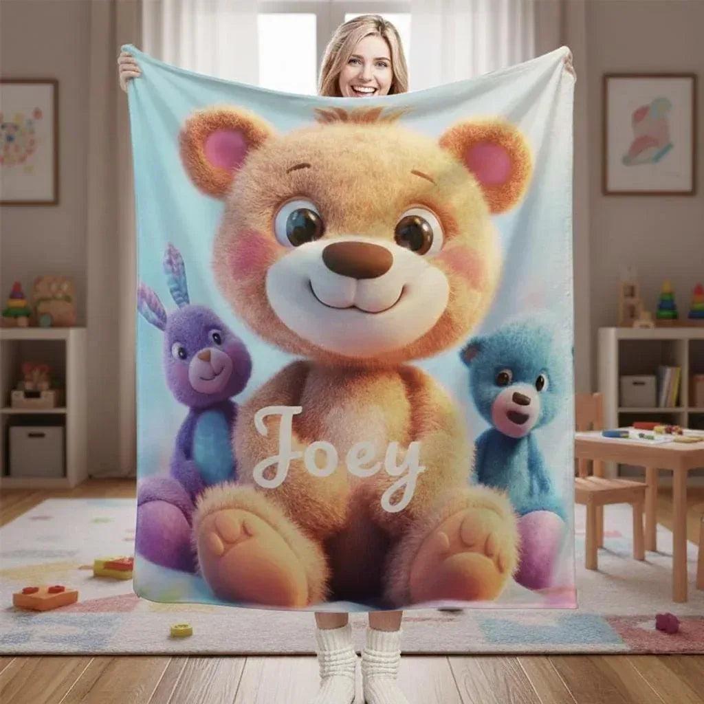 Personalized Teddy Bear Plush Blanket: Fluffy Cosy Throw, Soft Flannel Fleece Name Gift
