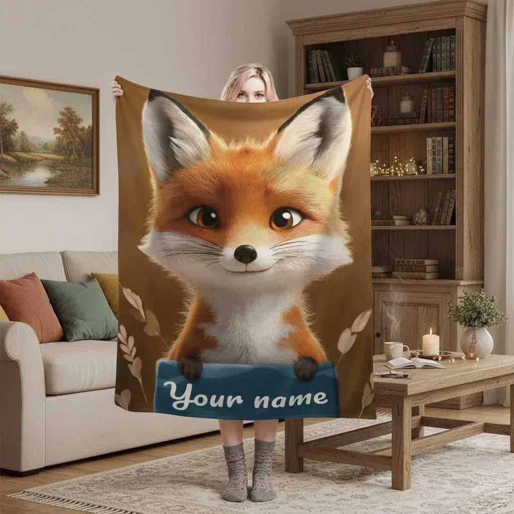 Personalized Fox Blanket: Enchanted Forest Flannel Fleece Throw, Kids Name Gift