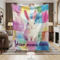 Personalized White Bunny Blanket: Rainbow Patchwork Microfiber Throw, Rabbit, Super Soft Name Gift
