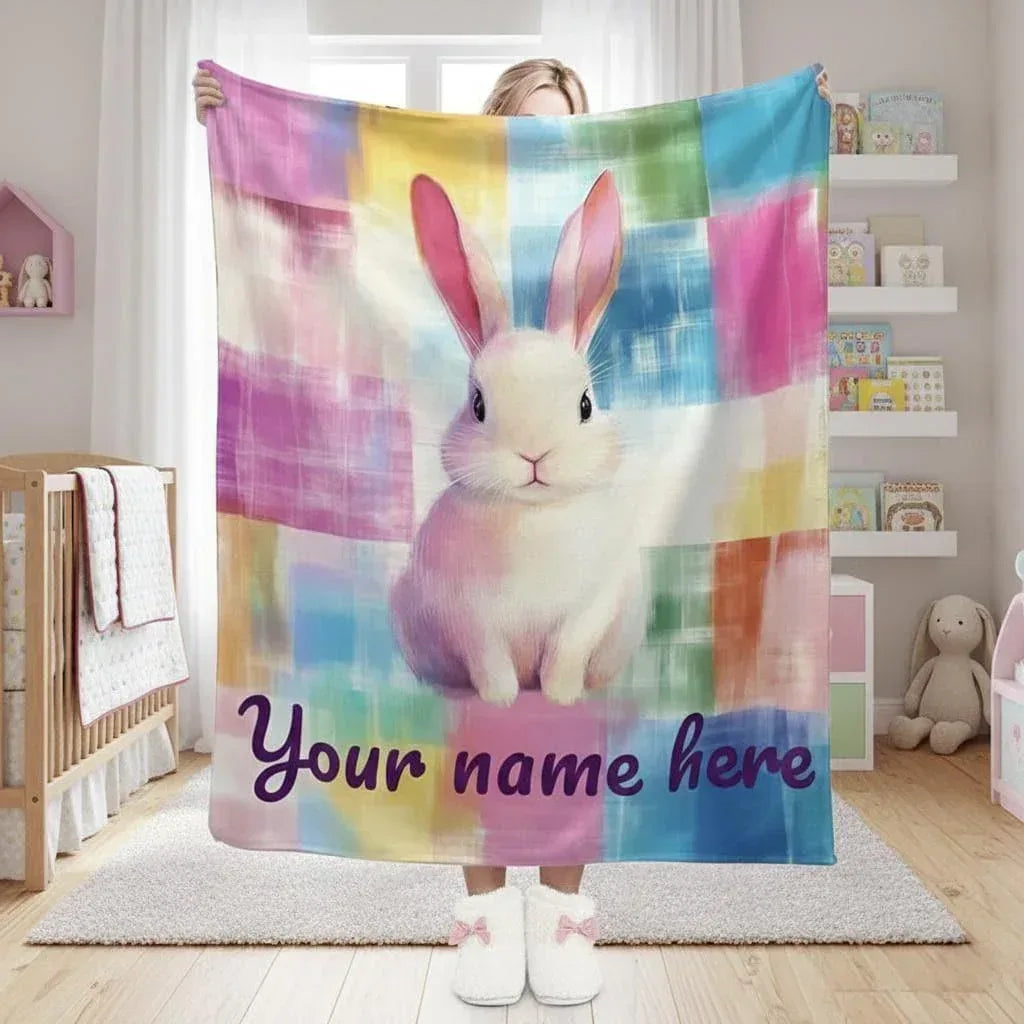 Personalized White Bunny Blanket: Rainbow Patchwork Microfiber Throw, Rabbit, Super Soft Name Gift