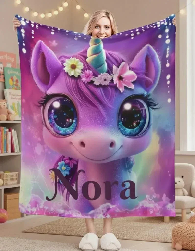Personalized Unicorn Fleece Blanket: Purple Magical Floral Kids Throw, Super Soft Name Gift