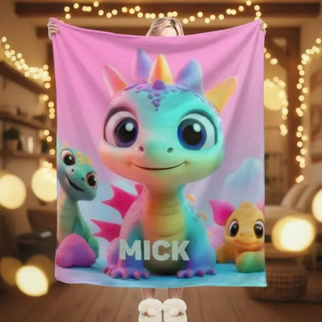 Personalized Dragon Blanket: Cartoon Flannel Fleece Dino Throw, Custom Name Gift