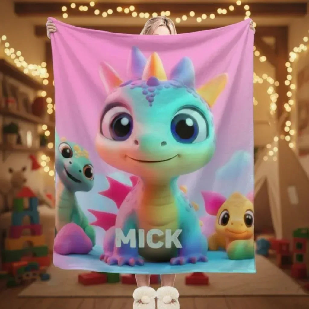Personalized Dragon Blanket: Cartoon Flannel Fleece Dino Throw, Custom Name Gift