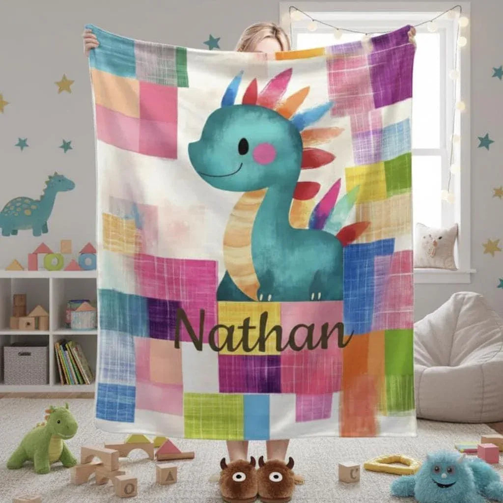 Personalized Dinosaur Blanket - Patchwork Maximalist Dragon Throw Custom Name Gift