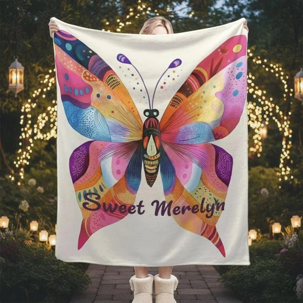 Personalized Butterfly Blanket: Vibrant Flannel Fleece Throw, Colourful Custom Name Gift