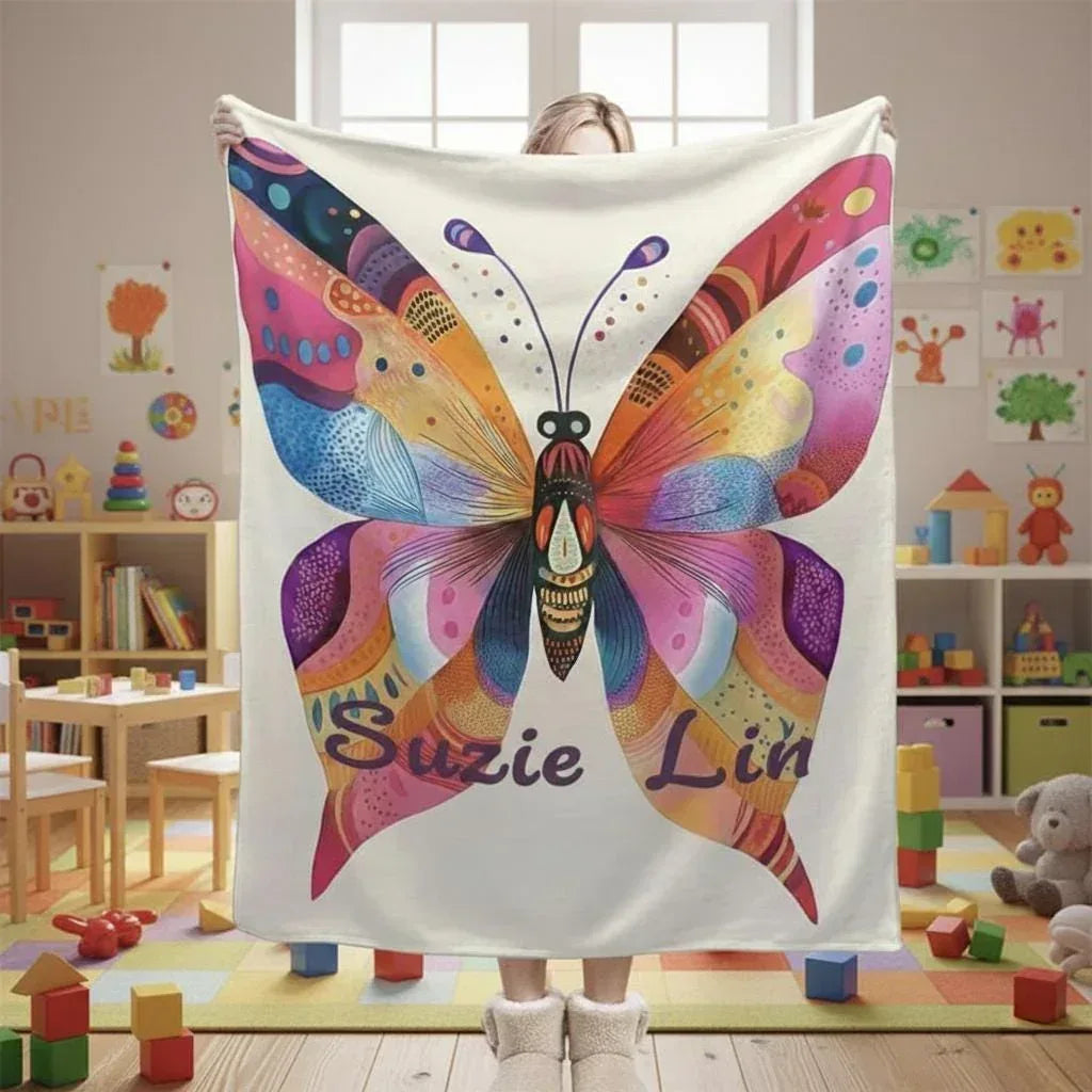 Personalized Butterfly Blanket: Vibrant Flannel Fleece Throw, Colourful Custom Name Gift