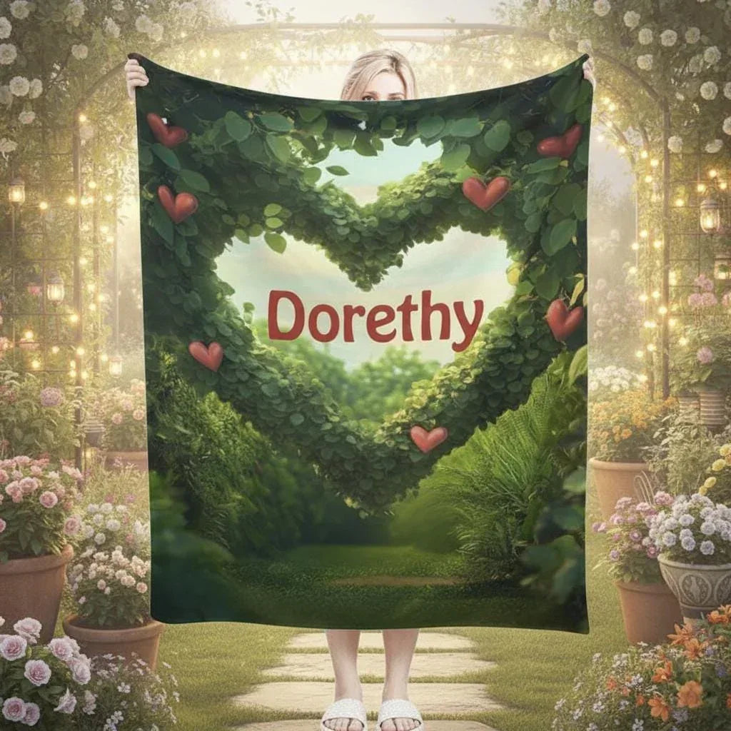 Personalized Garden Heart Blanket: Lush Greenery Plant Microfiber Fleece Throw, Romantic, Lovely Gift